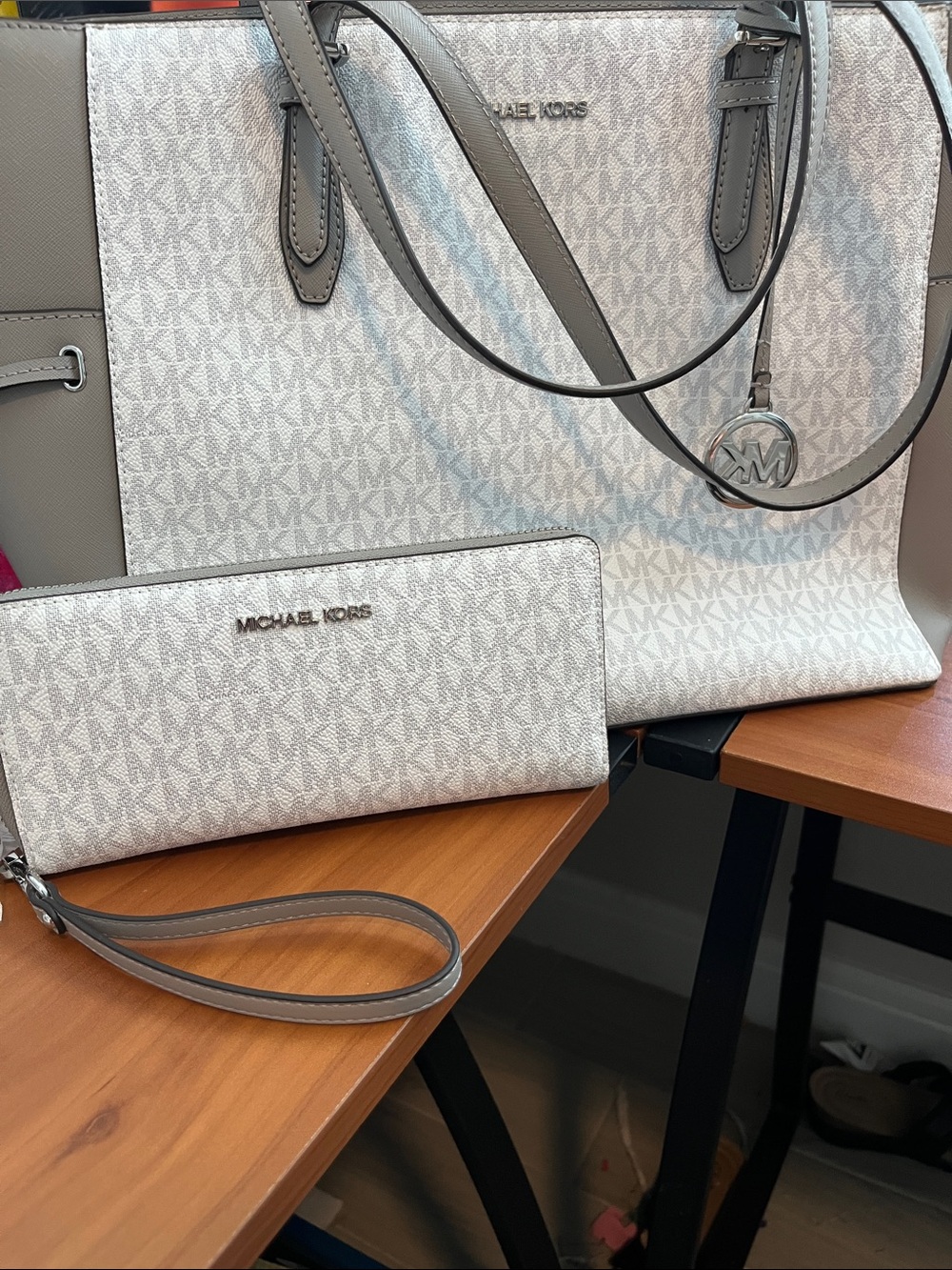 Michael Kors Gray MK Signature Tote with Dark Gray Trim